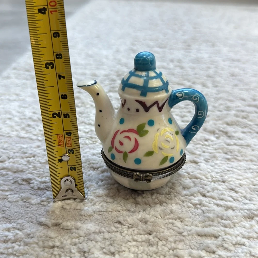 Vintage Greenbrier Teapot Painted Floral Hinged Trinket Box- Excellent Condition